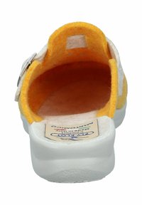 Yellow and gray slip-on shoe with a soft felt upper, a sturdy white sole, and a decorative metallic buckle on the strap.