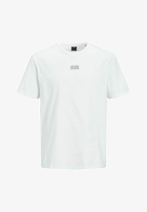 Weißes Baumwoll-T-Shirt mit Rundhalsausschnitt, kurzen Ärmeln und einem kleinen grauen "JACK & JONES"-Logo auf der Brust. Schlichtes und klassisches Design.