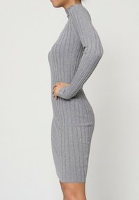 Robe en tricot côtelé grise avec des manches longues et un col montant, présentant une silhouette ajustée et une longueur mi-cuisse. Texture lisse tout au long.