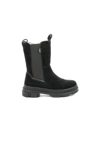 Bottines noires en suède avec des panneaux élastiques sur les côtés, bout rond et semelle en caoutchouc épaisse. Comprend une languette à l'arrière pour un enfilage facile.