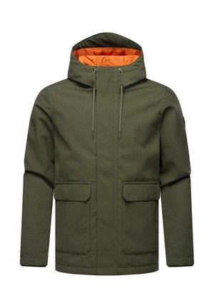 Olive green jacket with a hood, featuring an orange interior lining, two front pockets, and adjustable drawstrings at the neck.