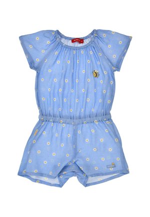 Hellblauer Kinderstrampler mit kurzen Ärmeln, elastischem Bund, Gänseblümchenmuster und einer kleinen Bienestickerei auf der Brust.