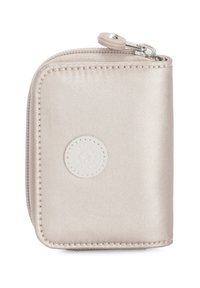 Beige, textured wallet made from synthetic material. Features a rounded zipper and a circular logo accent on the front. Compact design.