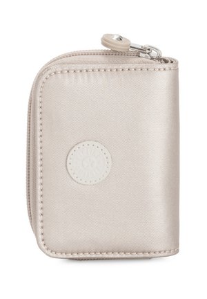 Beige, textured wallet made from synthetic material. Features a rounded zipper and a circular logo accent on the front. Compact design.