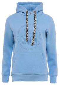Hoodie bleu clair en tissu doux, avec un design brodé "Restez sauvage" et des cordons de serrage au motif léopard. Poche frontale incluse.