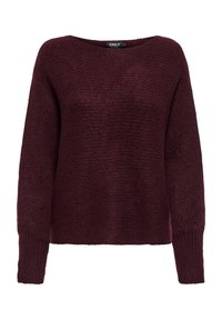 Pull en tricot bordeaux avec une coupe décontractée, encolure bateau, manches longues et poignets côtelés. Texture douce avec un motif subtil.