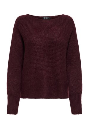 Pull en tricot bordeaux avec une coupe décontractée, encolure bateau, manches longues et poignets côtelés. Texture douce avec un motif subtil.