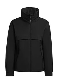Giacca nera con colletto alto, zip frontale, due tasche sul petto e maniche lunghe. Realizzata in tessuto leggero e liscio. Design minimalista.