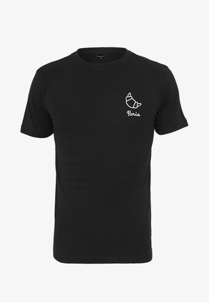 Czarny bawełniany t-shirt z krótkimi rękawami, z białą grafiką croissanta i napisem "Paryż" na lewym piersiu. Miękka tekstura.