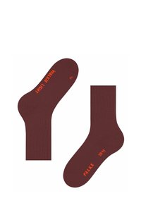 Zwei kastanienbraune Socken flach ausgelegt, mit orangefarbigem Text "WALKING LIGHT" auf einer Socke und "FALKE 39/41" auf der anderen.