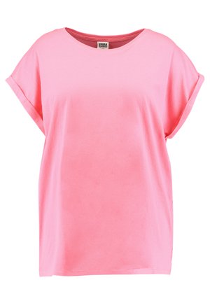 Ljusrosa t-shirt med kort ärm tillverkad av mjuk bomull. Har en rund halsringning och en avslappnad passform med vikta ärmar.