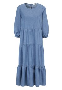 Jeans midi-klänning med långa puffärmar, rund halsringning och flerdelad kjol. Ljusblå färg med samlad detaljering vid ärmsluten och nederkant.