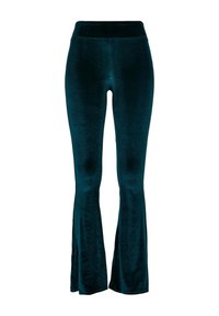Pantalon évasé en velours bleu sarcelle foncé, taille haute et cuisses ajustées, s’élargissant à partir des genoux.