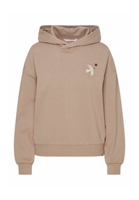 Béžová mikina s kapucí a dlouhými rukávy, s žebrovanými manžetami a lemem, na hrudi malý vyšívaný bílý pták s červenou tečkou.