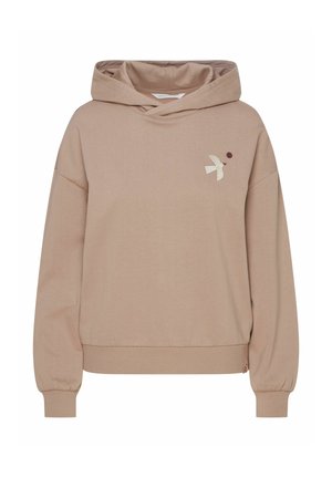 Beżowa bluza z kapturem i długimi rękawami, z prążkowanymi mankietami i dołem, z małym haftowanym białym ptakiem z czerwonym punktem na piersi.