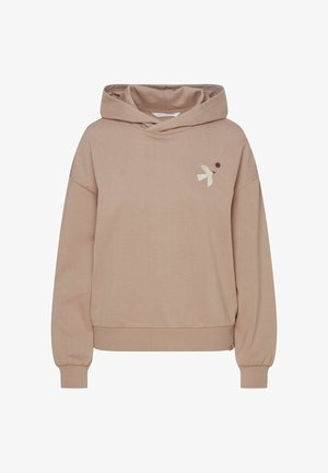 Beżowa bluza z kapturem i długimi rękawami, z prążkowanymi mankietami i dołem, z małym haftowanym białym ptakiem z czerwonym punktem na piersi.