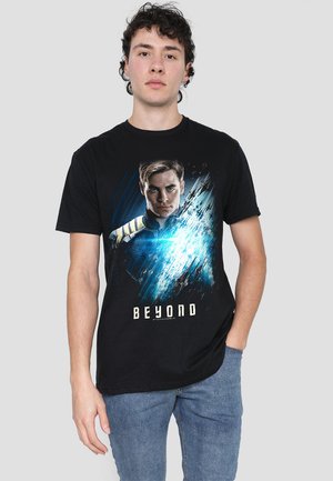Black cotton t-shirt featuring a graphic of a character with blue accents and the text "BEYOND" below. Short sleeves and crew neck design.