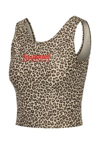 Korte leopardprint top van rekbare stof, met een ronde hals en brede armsgaten. Rode "hummel" logo op de voorkant.
