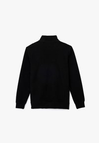 Zwarte pullover sweatshirt met een kraag, lange mouwen, ribgebreide manchetten en boord, gestructureerde stof, effen ontwerp, geen zichtbare logo's of patronen.