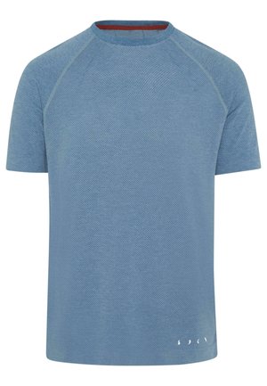 Kortærmet t-shirt med rund hals i lyseblåt tekstureret stof med kontrastfuld mørkeblå syning og diskret branding ved kanten.