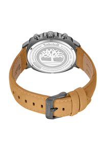 Orologio con cinturino in pelle marrone, dotato di fondo in acciaio inossidabile con logo ad albero, pulsanti cronografo e fibbia nera. Design resistente all'acqua.