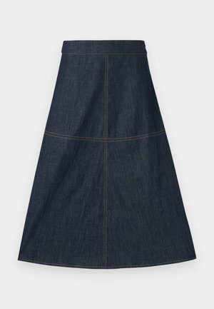 Mørkeblå A-formet denimskjørt med synlige oransje sømmer og en tettsittende midjebånd, vist på hvit bakgrunn.