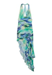 Halter-neck dress in flowing fabric with a blue-green watercolor pattern. Asymmetrical hem with ruffled edges for added texture.