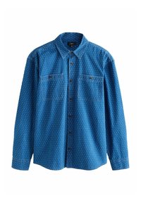 Cămașă albastră cu nasturi, realizată dintr-un material texturat, prezentând un model alb subtil, cu buzunare pe piept butonate și un design de guler clasic.