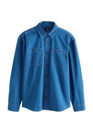 Blaues Hemd mit Knopfleiste aus strukturiertem Stoff, mit einem subtilen weißen Muster, geknöpften Brusttaschen und einem klassischen Kragendesign.