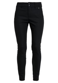 Czarne dopasowane spodnie wykonane z elastycznego materiału, z zamkiem błyskawicznym i dwoma guzikami, kieszeniami bocznymi oraz gładką fakturą.