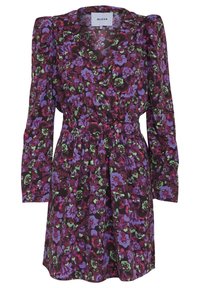 Blumen Kleid in Dunkelpurpur mit grünen, pinken und blauen Mustern. Es hat gepuffte lange Ärmel und eine taillierte Taille mit einem ausgestellten Rock.