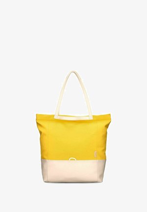 Borsa a mano gialla e beige con manici lunghi beige, forma rettangolare e un piccolo dettaglio a loop al centro frontale.