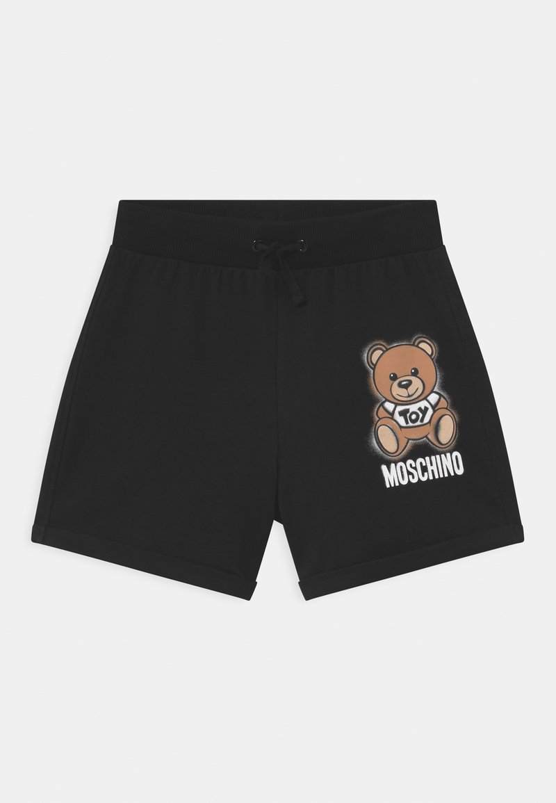 Pantalones cortos de algodón negros con un gráfico de oso bordado y el texto "Toy Moschino" en la parte delantera, con cintura ajustable y dobladillos enrollados.
