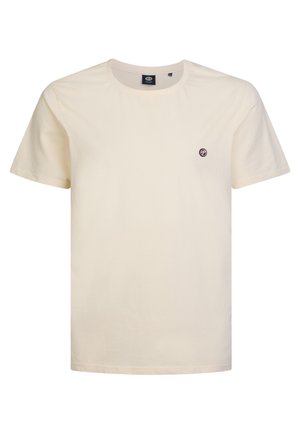 T-shirt in cotone crema con maniche corte, scollatura rotonda e un piccolo logo ricamato in rosso scuro sul petto. Texture morbida e liscia.