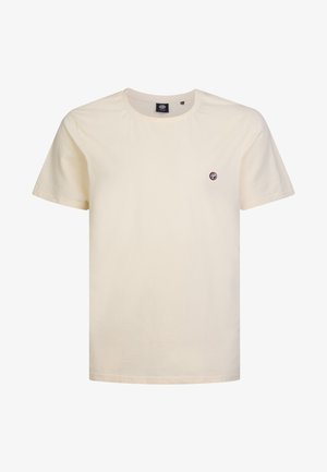 Tricou din bumbac crem, cu mâneci scurte, decolteu rotund și un mic logo brodat în roșu închis pe piept. Textură moale și netedă.