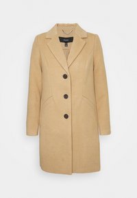 Abrigo de mezcla de lana beige con revestimiento en pico, cinco botones frontales, dos bolsillos laterales y un corte entallado. Tejido texturizado con un acabado suave.