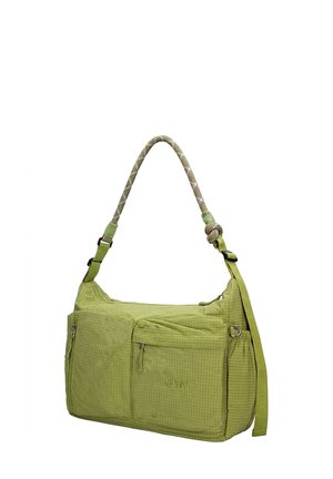 Sac à bandoulière vert clair avec deux poches avant zippées, poignée réglable en corde avec nœud et bandoulière en tissu.