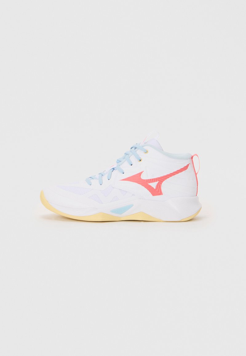 White high-top sneaker with light blue laces, coral logo, light blue sole detail, and tan rubber outsole on plain background.