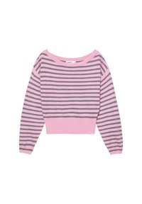 Pull à manches longues rayé horizontalement rose et gris, avec un large col et un ourlet et des poignets en côtes, posé à plat sur un fond blanc.
