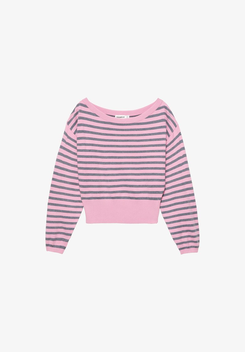 Pull à manches longues rayé horizontalement rose et gris, avec un large col et un ourlet et des poignets en côtes, posé à plat sur un fond blanc.