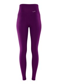 Lila högmidjade leggings gjorda av elastisk tyg, med en slät yta och en diskret logotyp vid midjan.