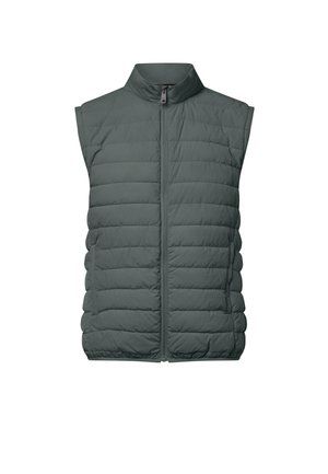 Gilet trapuntato verde scuro senza maniche con colletto alto e chiusura frontale con zip.