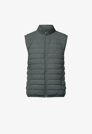 Mørkegrønn, ermeløs, quiltet vest med høy krage og glidelås foran.