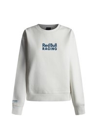 Sudadera blanca de mezcla de algodón, con cuello redondo, puños acanalados y "Red Bull RACING" impreso en azul en la parte delantera.