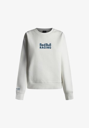 Sweatshirt branco feito de mistura de algodão, com decote redondo, punhos canelados e "Red Bull RACING" impresso em azul na frente.