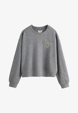 Hall triibuline pikkade varrukatega lühike kampsun soonikkoes mansettide ja vasakul rinnal väikese beeži "b" logoga.