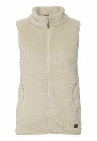 Cremefarbener Fleece-Weste mit hohem Kragen, vorderem Reißverschluss und zwei Seitentaschen; verfügt über eine strukturierte, plüschige Oberfläche und ein Logo-Detail.
