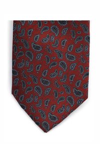 Bordeauxrode stropdas met een paisleypatroon in donkerblauw en zwart, van gestructureerde stof en een puntige puntontwerp voor een klassieke uitstraling.