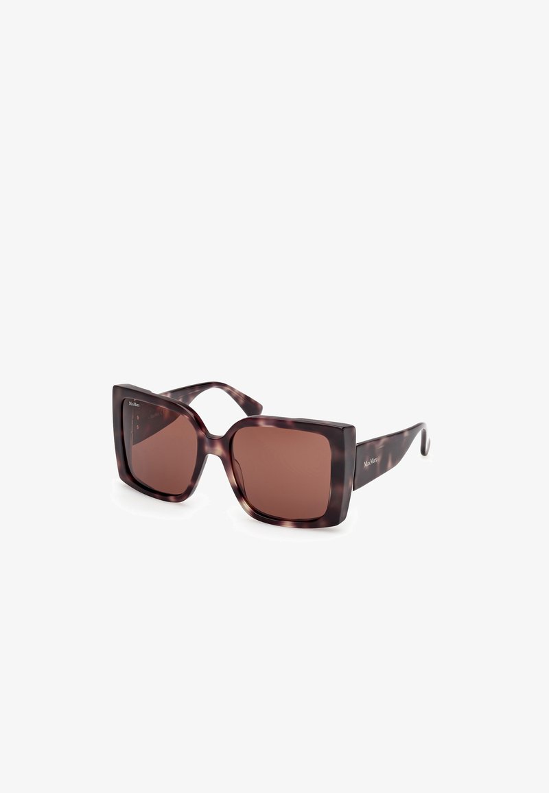 Brown tortoiseshell oversized sunglasses with square frames, tinted brown lenses, and subtle logo on the temple. Smooth plastic finish.