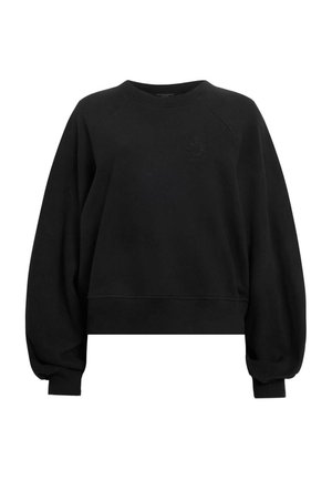 Felpa nera corta realizzata in tessuto morbido, con scollatura rotonda, maniche raglan e un piccolo logo impresso sul petto.